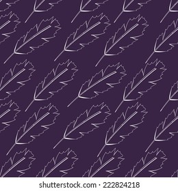 Seamless repeating pattern of white sketches of bird feathers on a purple background. Editable vector texture for your design.