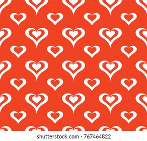 Seamless repeating pattern of white small and big hearts on red background. Design element for wallpapers, wedding invitations, birthday card, scrapbooking, fabric print etc.