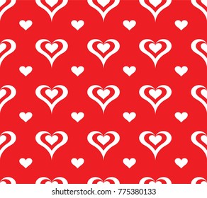 Seamless repeating pattern of white small and big hearts on red background. Design element for wallpapers, wedding invitations, birthday card, scrapbooking, fabric print etc.