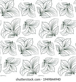 Patrón extensible de hojas tropicales vintadas sin foco.Contemplar objetos de color verde oscuro sobre un blanco.