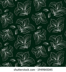 Seamless repeating pattern of wide veined tropical leaves. Contour white objects on a dark green.