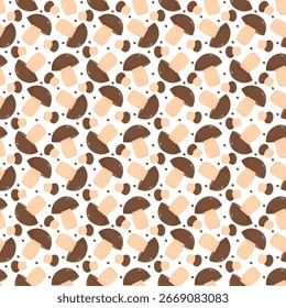 Seamless repeating pattern with wild fungus. Repeating background of porcini mushroom.