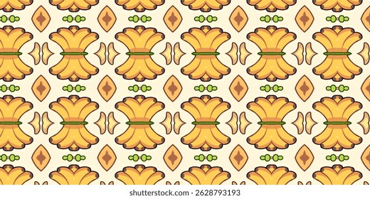 Seamless repeating pattern of yellow floral shapes and ornamental elements on a cream background.