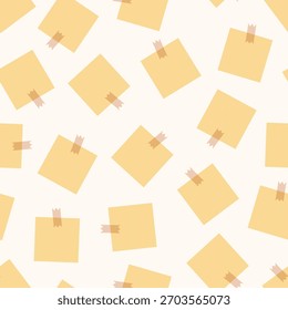 Padrão de repetição uniforme com notas adesivas quadradas amarelas com fitas em um fundo creme claro. Perfeito para escritório, planejamento, lembretes e temas de papelaria criativa.