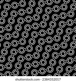 Seamless repeating pattern with zigzag lines made of concentric small circles. Abstract black and white chains. Geometric modern design. Vector illustration.