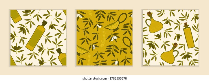 Seamless repeating patterns. A set of patterns in beige and green colors. Green olives, bowls, bottles of olive oil. Olive branches. Pattern with Greek food. Contemporary illustration.