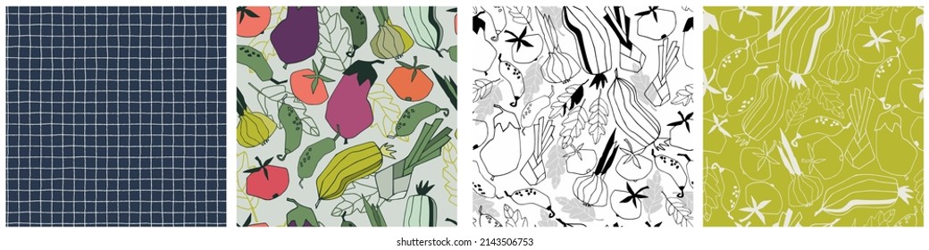 Seamless repeating patterns set with vegetables. Stylized vector line art. Abstract colorful trendy illustrations on green background. Healthy food, carbs, veganism concept