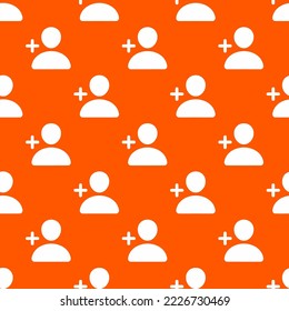 Seamless repeating person add flat icon pattern, tangelo and white color. Two color background.