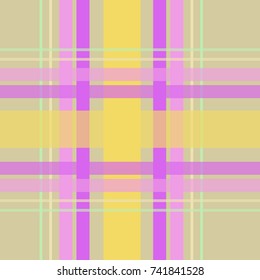Seamless repeating plaid checkered background pattern in light pastel colors of pink, purpl green and yellow over a light brown background