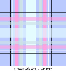 Seamless repeating plaid checkered background pattern in light pastel colors of pink, blue, and black, over a light purple background