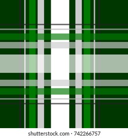 Seamless repeating plaid checkered background pattern in greens, white and black over a dark green background.