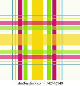 Seamless repeating plaid checkered background pattern in bright colors of yellow, cream,blue and pink and green