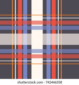 Seamless repeating plaid checkered background pattern in colors of white, purple, red and orange over a grayish brown background