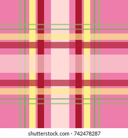Seamless repeating plaid checkered background pattern in light pastel colors of red,green, yellow and light pink, over a pink background. Useful for Christmas holiday, as non-traditional color scheme