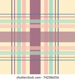 Seamless repeating plaid checkered background pattern in autumn / fall colors of teal, orange and brown over a light yellow cream background
