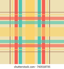 Seamless repeating plaid checkered background pattern in autumn / fall colors of teal, orange and brown over a yellow background