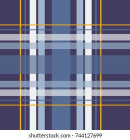Seamless repeating plaid checkered background pattern in colors of white, blue, and orange, over a navy blue background