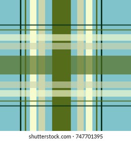 Seamless repeating plaid checkered background pattern in colors of cream, ivory, black and green over a blue background