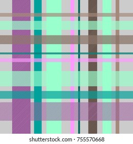 Seamless repeating plaid checkered background pattern in teal, brown and purple over a gray background