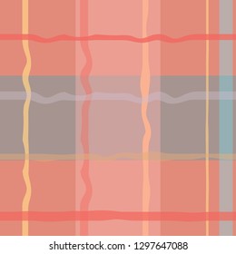Seamless, repeating plaid pattern in coral and grey. Warped, stylized lines and rectangles
