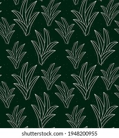 Nahtlose sich wiederholende Pflanzenmuster mit Chlorophytum-ähnlichen Blättern, die aus der Mitte wachsen. Versetzen Sie weiße Objekte auf dunkelgrünem Hintergrund.