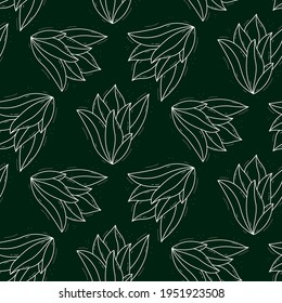Seamless repeating plant pattern with thick succulent leaves growing from the center.Contour white objects on a dark green.