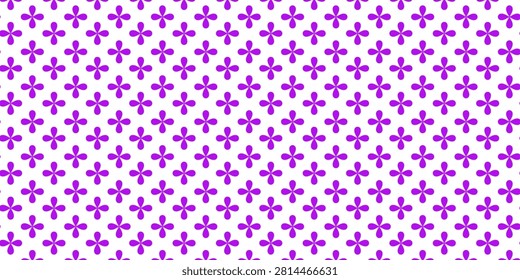 Seamless repeating purple floral pattern with simple four-petal motifs on a white background, ideal for textiles, wallpaper, packaging, and spring-themed graphic design projects and crafts.