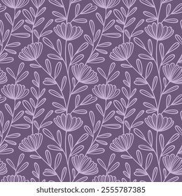 Seamless repeating purple vector flower pattern, daisy floral print tile design