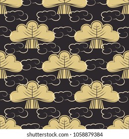 Seamless repeating sample in the Japanese style. Gold trees against a dark background. Bonsai.  Endless texture for textile design. Vector color background.