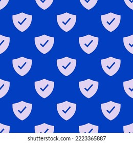 Seamless repeating shield checkmark sharp flat icon pattern, royal azure and pale lavender color. Background for flyer.