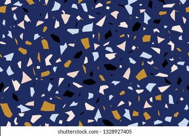 Seamless repeating terrazzo pattern in blue, yellow, pastel pink and black on dark blue background. Trendy and stylish composite stone texture, wallpaper, web background, fabric design.