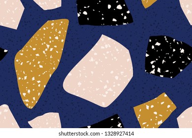 Seamless repeating terrazzo pattern in blue, yellow, pastel pink and black on dark blue background. Trendy and stylish composite stone texture, wallpaper, web background, fabric design.
