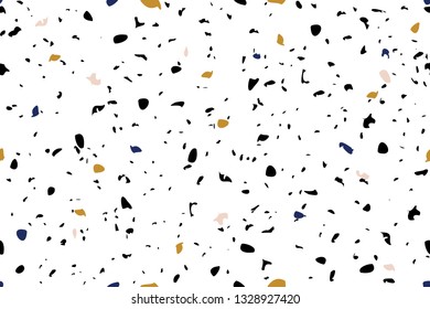 Seamless repeating terrazzo pattern in blue, yellow, pastel pink and black on white background. Trendy and stylish composite stone texture, wallpaper, web background, fabric design.