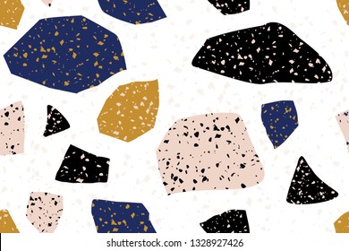 Seamless repeating terrazzo pattern in blue, yellow, black and pastel pink on white background. Trendy and stylish composite stone texture, wallpaper, web background, fabric design.