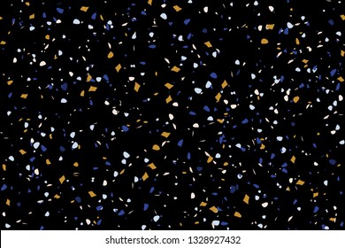 Seamless repeating terrazzo pattern in blue, yellow, pastel pink and white on black background. Trendy and stylish composite stone texture, wallpaper, web background, fabric design.