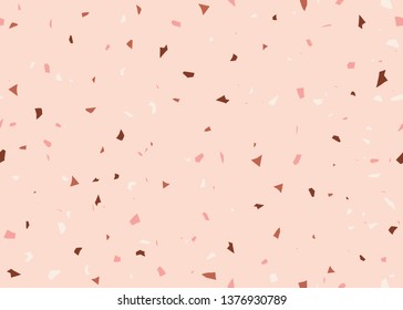 Seamless repeating terrazzo pattern in light pink, cream, orange and brown on pastel pink background. Trendy and stylish composite stone texture, wallpaper, web background, fabric design.