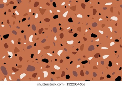Seamless repeating terrazzo pattern in orange, beige and brown. Trendy and stylish composite stone texture, wallpaper, web background, fabric design.