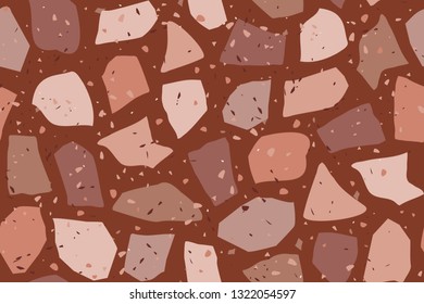 Seamless repeating terrazzo pattern in pastel pink, brown, beige and taupe. Trendy and stylish composite stone texture, wallpaper, web background, fabric design.