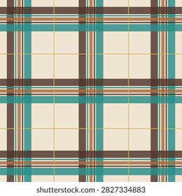 Seamless repeating textile pattern with bold brown and vibrant teal stripes interwoven with delicate gold accents on a creamy canvas. Ideal for fashion and home decor.