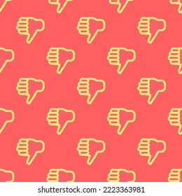 Seamless repeating thumbs down outline flat icon pattern, pastel red and mellow yellow color. Background for flyer.