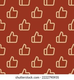 Seamless repeating thumbs up flat icon pattern, burnt umber and burlywood color. Design for wrapping paper or postcard.