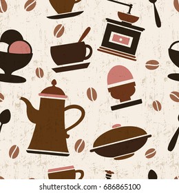 Seamless repeating tile pattern with elements of coffee, cafe, breakfast, menu, coffeepot