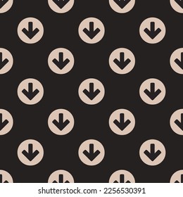 Seamless repeating tiling arrow circle down flat icon pattern of dark jungle green and desert sand color. Background for banner.