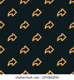 Seamless repeating tiling arrow forward outline flat icon pattern of dark jungle green and yellow orange color. Background for flyer.