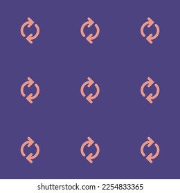 Seamless repeating tiling arrow sync flat icon pattern of dark lavender and ruddy pink color. Background for menu.