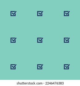 Seamless repeating tiling checkmark thick flat icon pattern of pearl aqua and st. patrick's blue color. Background for online meeting.