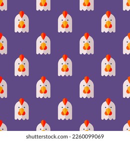 Seamless repeating tiling  chicken flat icon pattern of dark lavender and ruddy pink color. Background for online meeting.