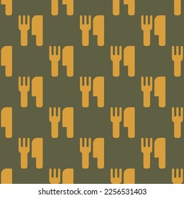 Seamless repeating tiling cutlery flat icon pattern of umber and satin sheen gold color. Background for flyer.