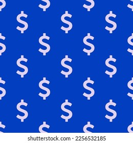 Seamless repeating tiling dollar flat icon pattern of royal azure and pale lavender color. Backgorund for tablet.