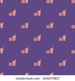 Seamless repeating tiling food flat icon pattern of dark lavender and ruddy pink color. Background for news report.